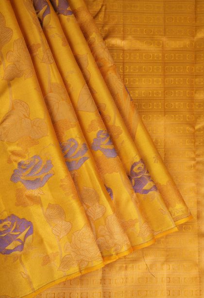 Merigold Orange Silk Sarees with Gold Zari Floral Patterns