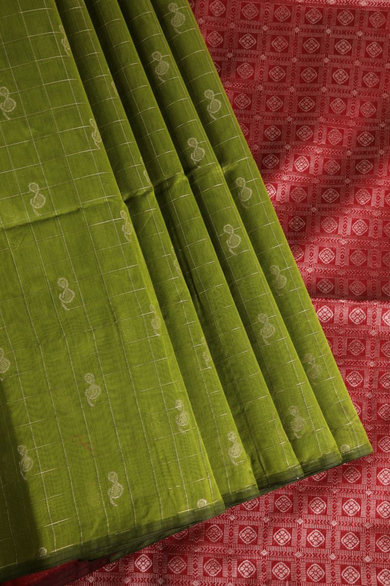 Pear Green Silk Cotton Sarees with Gold Zari Checks And Puttas view 1