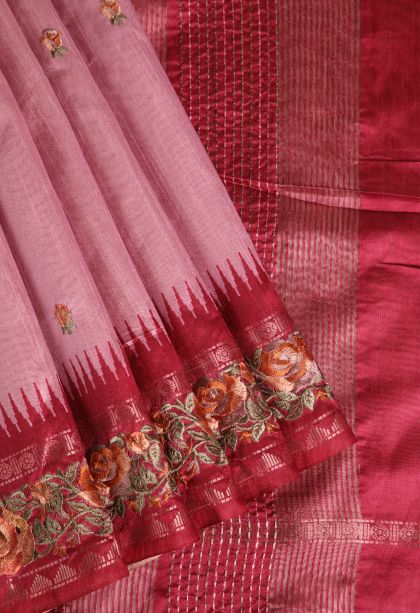 Crepe Pink Raw Silk Sarees with Without Zari Zari Floral Patterns