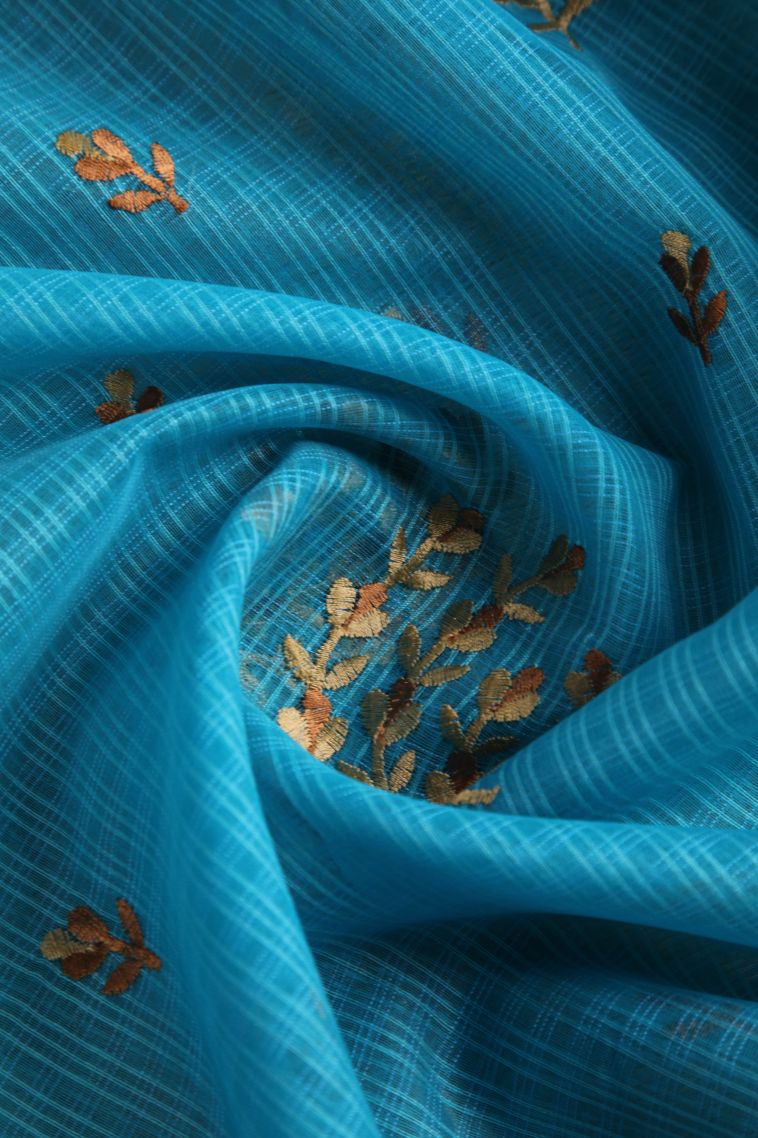 Cerulean Blue Manipuri Cotton Sarees with Gold Zari Floral Patterns view 4