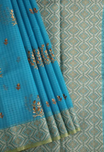 Cerulean Blue Manipuri Cotton Sarees with Gold Zari Floral Patterns