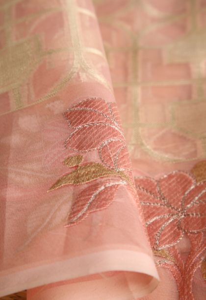 Peach Pink Organza Saree with Antic Zari Geometric Shapes