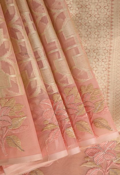 Peach Pink Organza Saree with Antic Zari Geometric Shapes