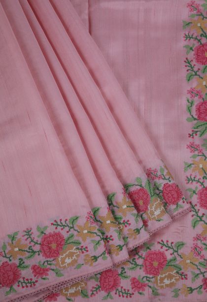 Crepe Pink Tussar Saree with Without Zari Zari Stripes
