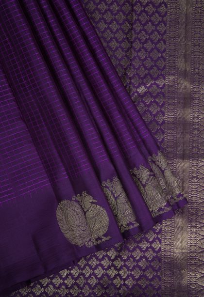 Bosenberry Purple Kanchipuram Silk Sarees with Gold Zari Checks