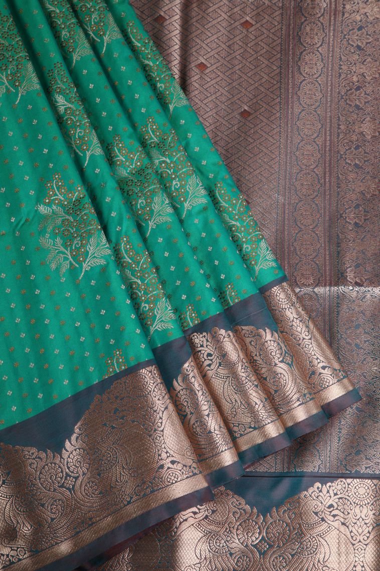 Teal Blue Apoorva Silk Sarees with Gold Zari Floral Patterns view 1