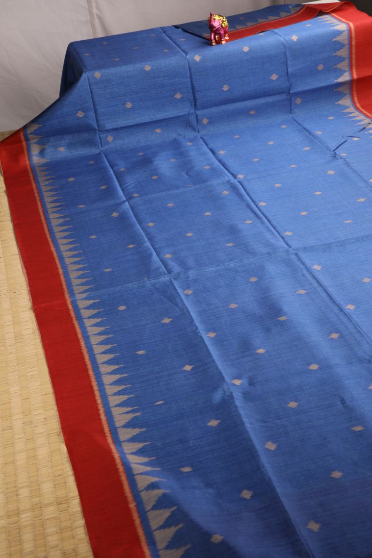 Cobalt Blue Semi Tussar Silk with Gold Zari Buttis (small Dots Or Motifs) view 2