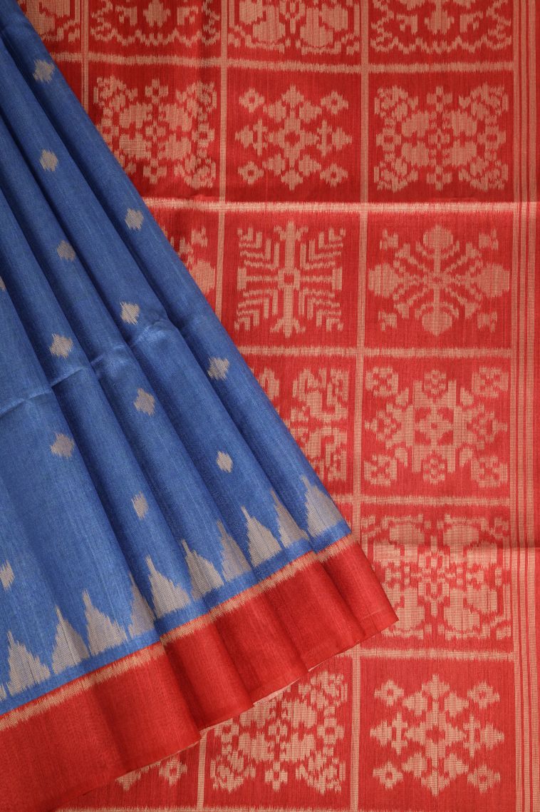 Cobalt Blue Semi Tussar Silk with Gold Zari Buttis (small Dots Or Motifs) view 1