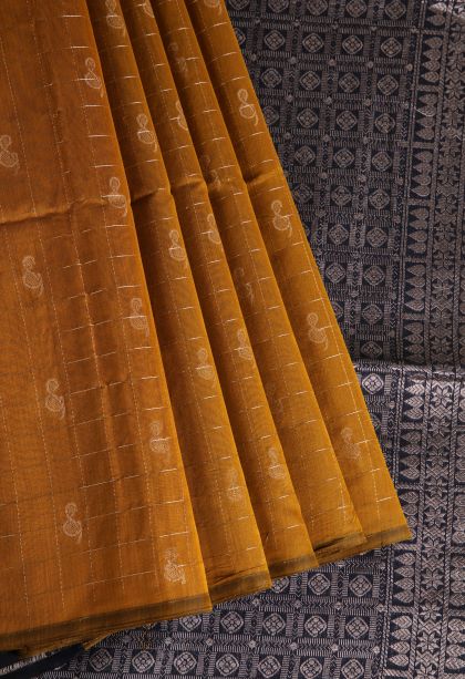 Rich Gold Silk Cotton Sarees with Silver Zari Checks And Puttas