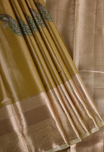 Metallic Gold Tissue Silk Sarees with Gold Zari Peacock Motifs