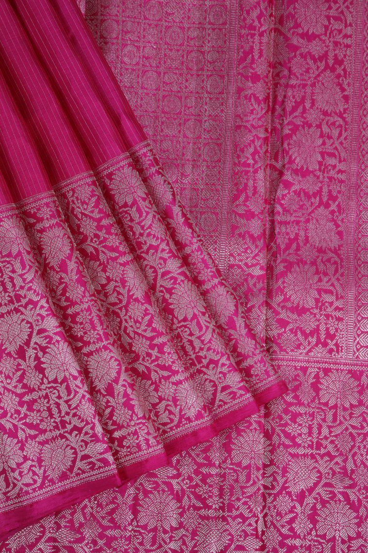 Magenta  Pink Kanchipuram Silk Sarees with Silver Zari Stripes view 1