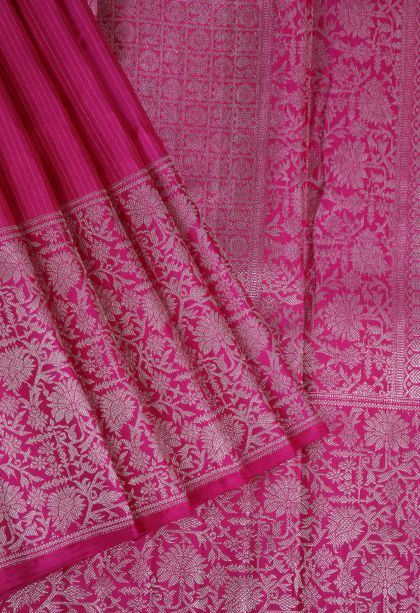 Magenta  Pink Kanchipuram Silk Sarees with Silver Zari Stripes