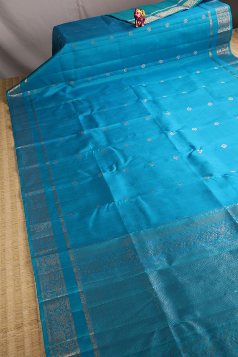 Admiral Blue Soft Silk Saree with Gold Zari Buttis (small Dots Or Motifs) view 2