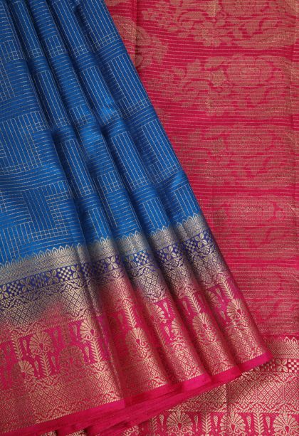 Azure Blue Raw Silk Sarees with Without Zari Zari Geometric Shapes