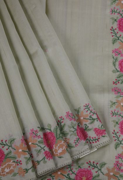 Pistachio Green Tussar Saree with Without Zari Zari Stripes