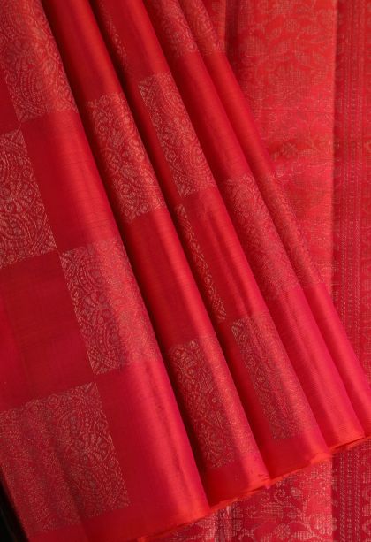 Rose  Red Soft Silk Saree with Gold Zari Geometric Shapes