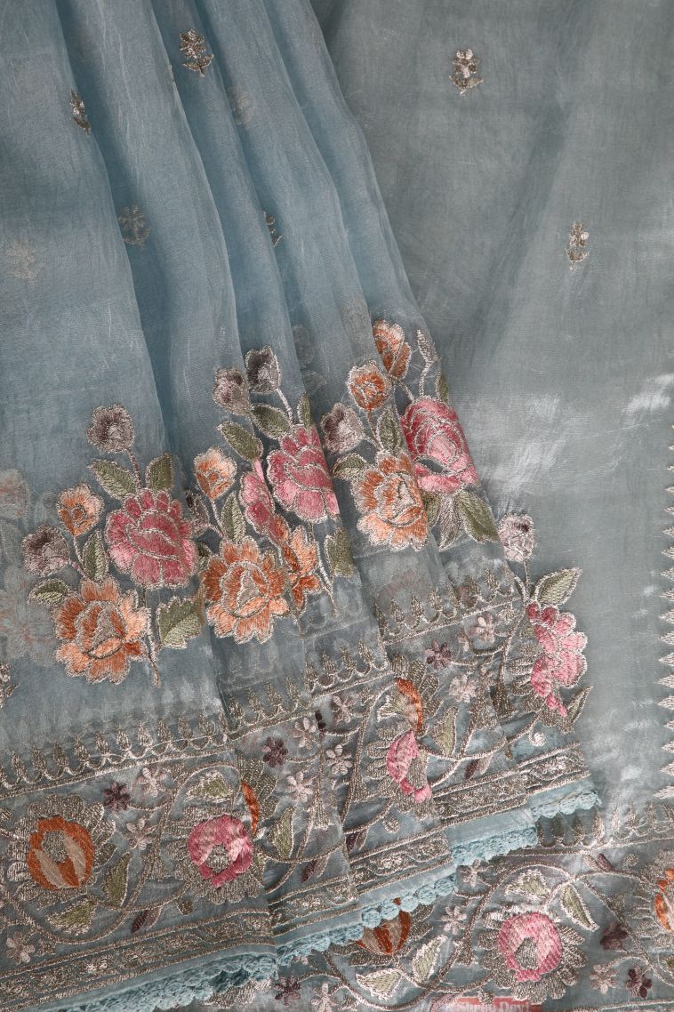 Sky Blue Organza Saree with Silver Zari Floral Patterns view 1