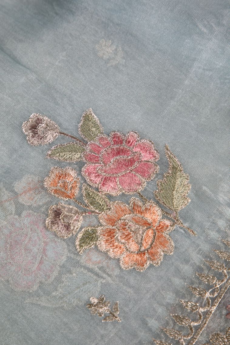 Sky Blue Organza Saree with Silver Zari Floral Patterns view 4