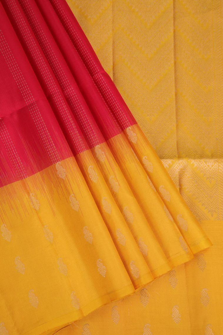 Rose  Red Soft Silk Saree with Gold Zari Stripes view 1