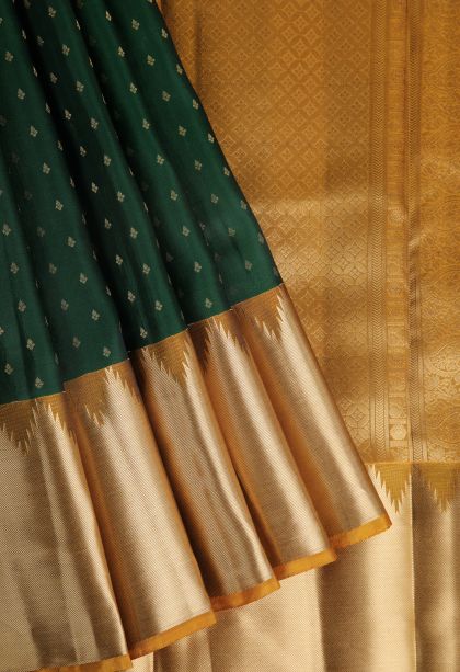 Pine Green Soft Silk Saree with Gold Zari Buttis (small Dots Or Motifs)