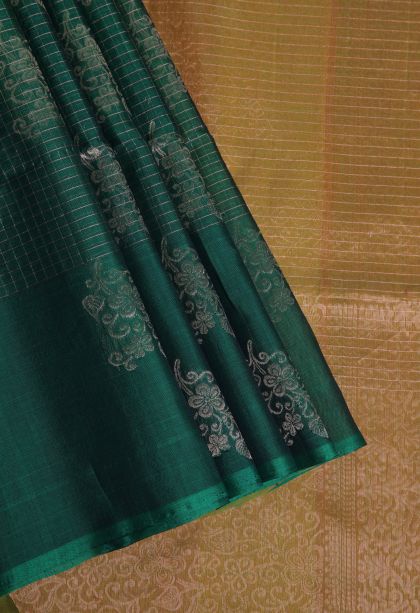 Pine Green Silk Cotton Sarees with Gold Zari Floral Patterns