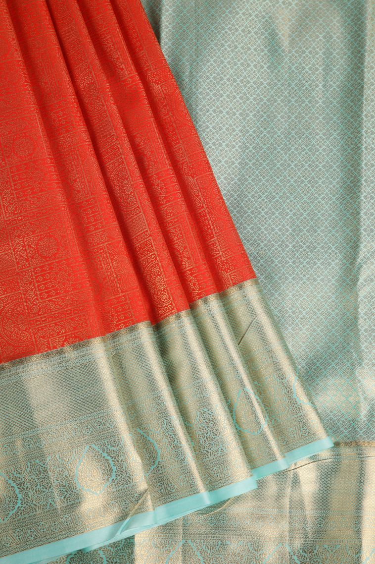 Candy Red Apoorva Silk Sarees with Gold Zari Floral Patterns view 1