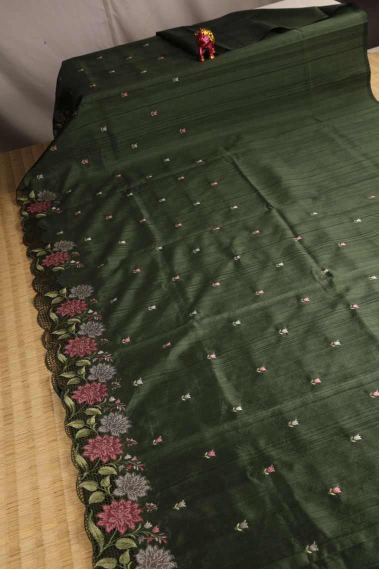 Juniper Green Semi Tussar Silk with Without Zari Zari Floral Patterns view 2