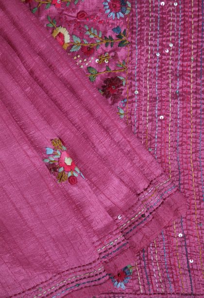 Fuscia Pink Jute Sarees with Without Zari Zari Floral Patterns