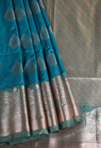 Cerulean Blue Apoorva Silk Sarees with Gold Zari Floral Patterns