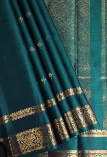 Ocean Blue Soft Silk Saree with Gold Zari Floral Puttas