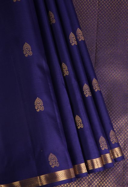 Admiral Blue Soft Silk Saree with Gold Zari Floral Puttas