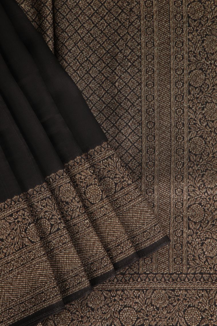 Asphalt Black Banaras Sarees with Gold Zari Plain view 1