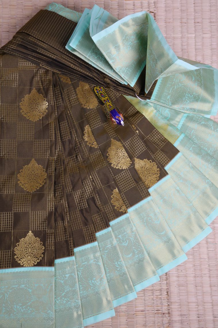 Coffee Brown Visiri Madippu Silk Sarees with Gold Zari Checks view 1