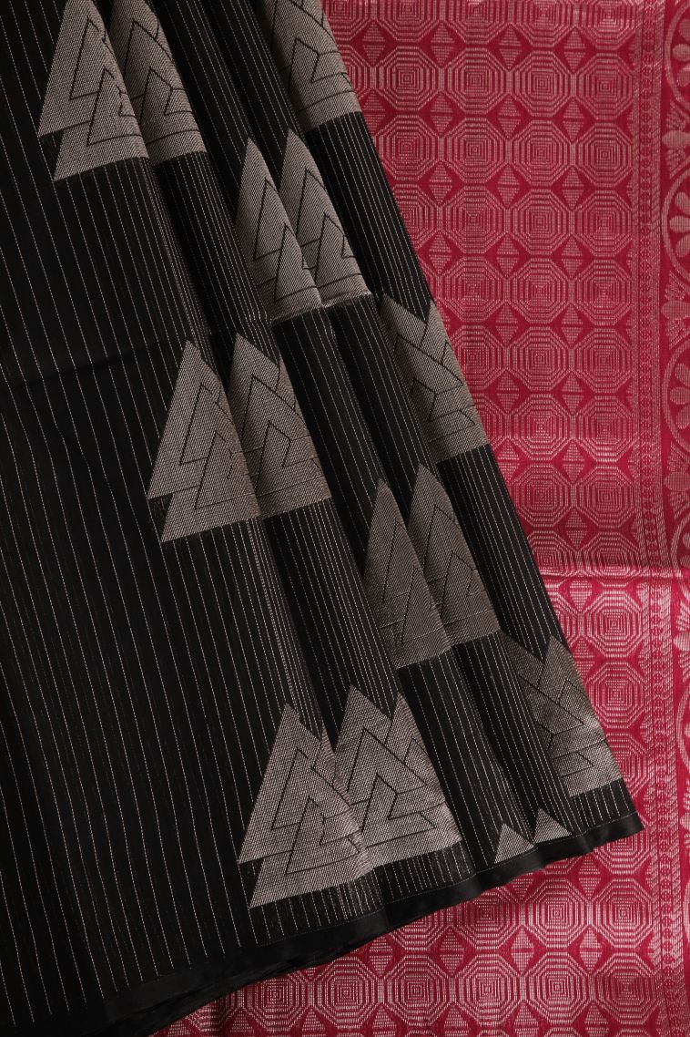 Asphalt Black Silk Cotton Sarees with Silver Zari Geometric Shapes view 1