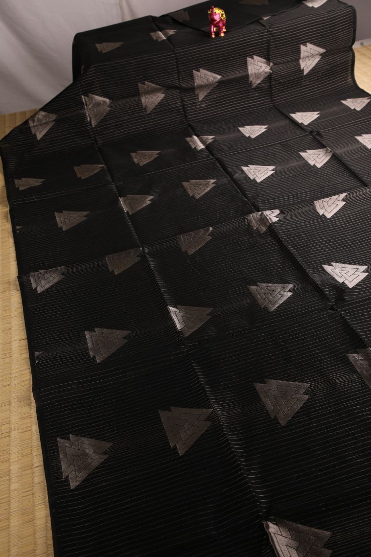 Asphalt Black Silk Cotton Sarees with Silver Zari Geometric Shapes view 2