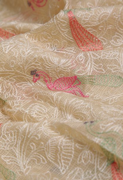 Cream White Organza Saree with Without Zari Zari Peacock Motifs