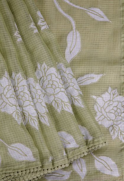 Olive Green Organza Saree with Without Zari Zari Floral Patterns