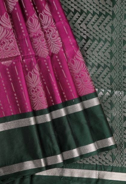 Magenta Purple Soft Silk Saree with Silver Zari Floral Puttas