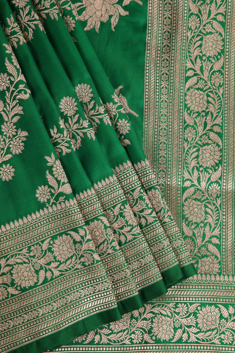 Emerald Green Banaras Sarees with Gold Zari Floral Patterns view 1