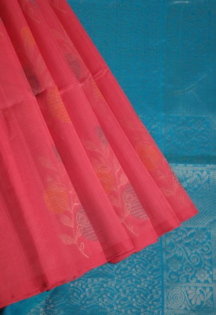 Punch Pink Silk Cotton Sarees with Gold Zari Floral Patterns