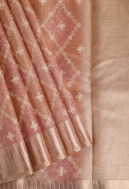 Flamingo Pink Tissue Silk Sarees with Gold Zari Geometric Shapes