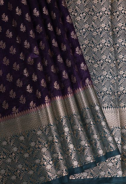 Mulberry Purple Jute Sarees with Gold Zari Buttis (small Dots Or Motifs)
