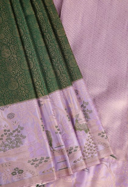 Basil Green Apoorva Silk Sarees with Gold Zari Floral Patterns