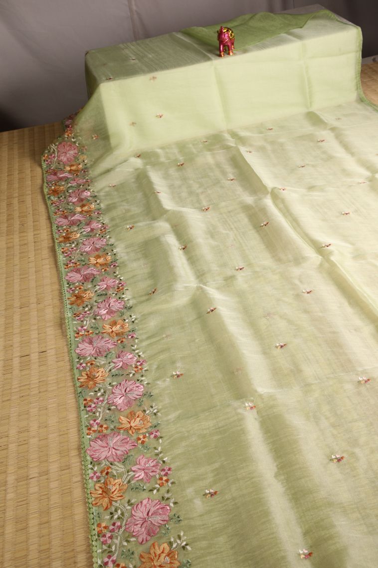 Olive Green Organza Saree with Multy Colour Zari Floral Puttas view 2