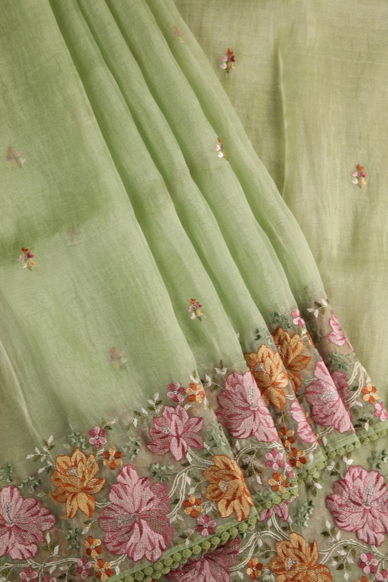 Olive Green Organza Saree with Multy Colour Zari Floral Puttas view 1
