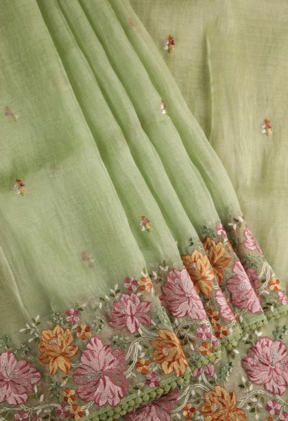 Olive Green Organza Saree with Multy Colour Zari Floral Puttas