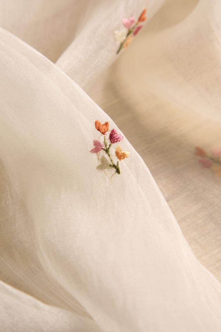Alabaster White Organza Saree with Multy Colour Zari Floral Puttas view 4