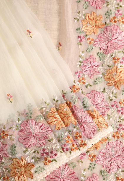 Alabaster White Organza Saree with Multy Coiour Zari Floral Puttas