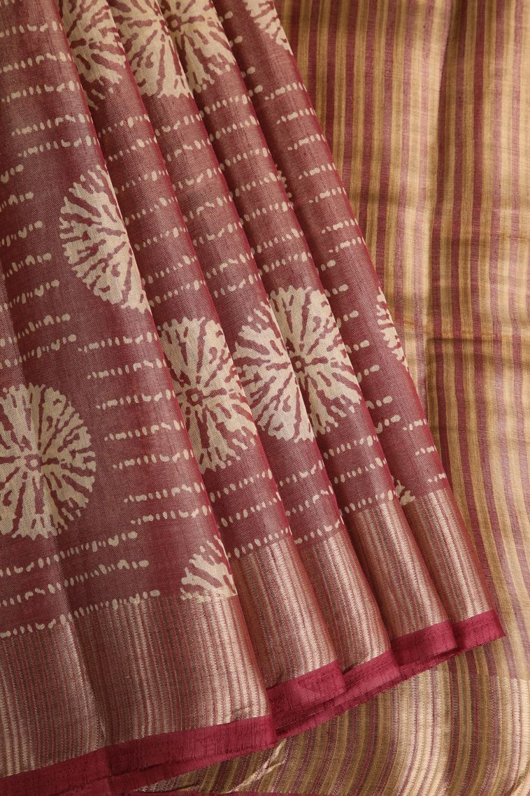Blush Red Semi Raw Silk Printed with Gold Zari Bandhani / Tie Dye view 1