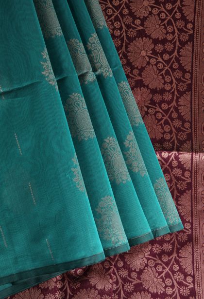Cerulean Blue Silk Cotton with Gold Zari Floral Puttas